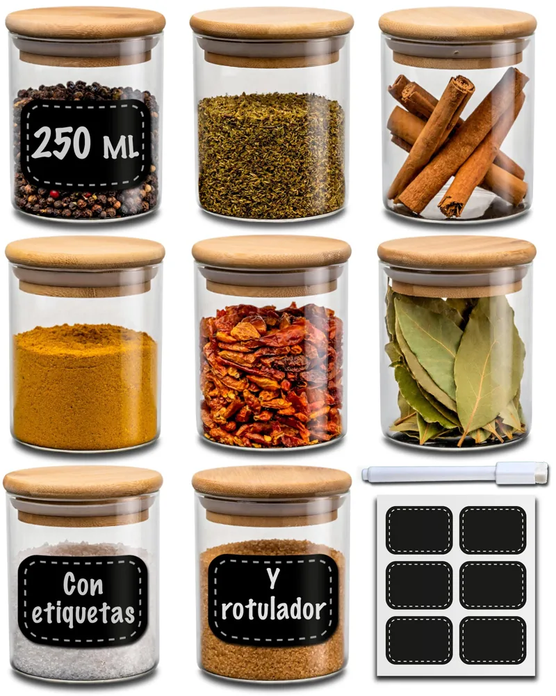 Praknu 8 botes de especias de cristal con etiquetas