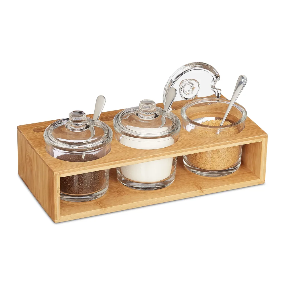Relaxdays set de 3 tarros de cristal con soporte de bambú