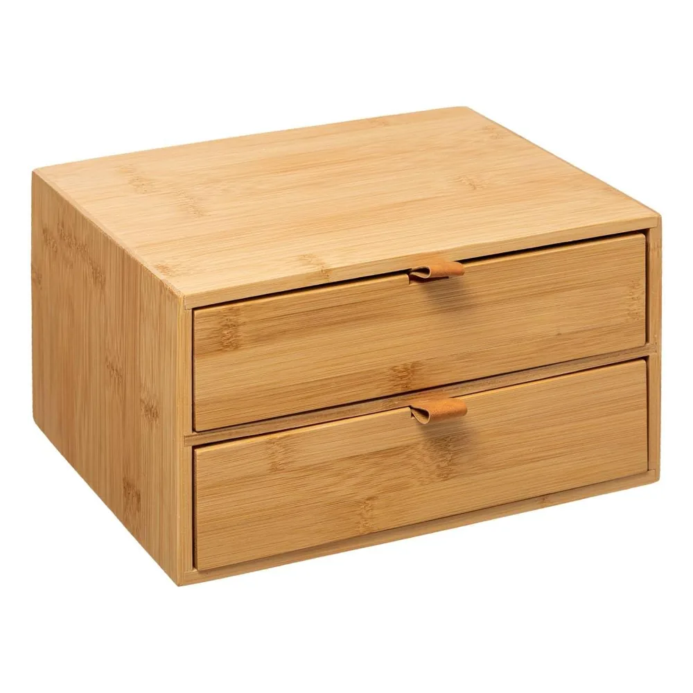 Five caja de 2 cajones de bambú con tiradores de piel