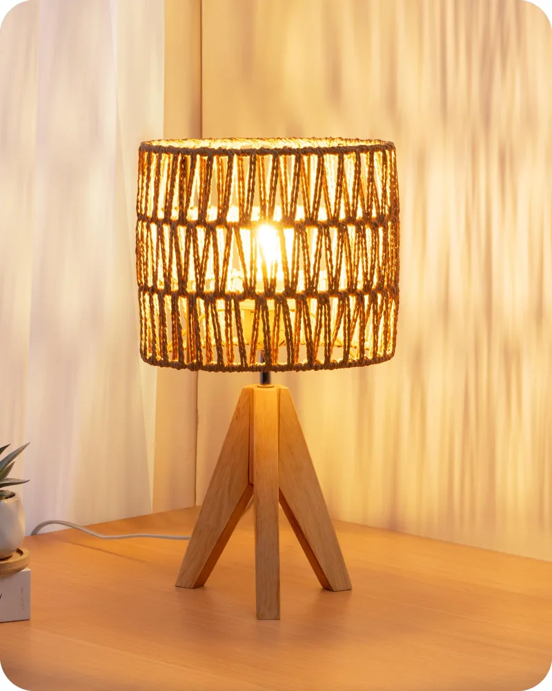 EDISHINE lámpara de mesita de cuerda tejida con trípode de madera