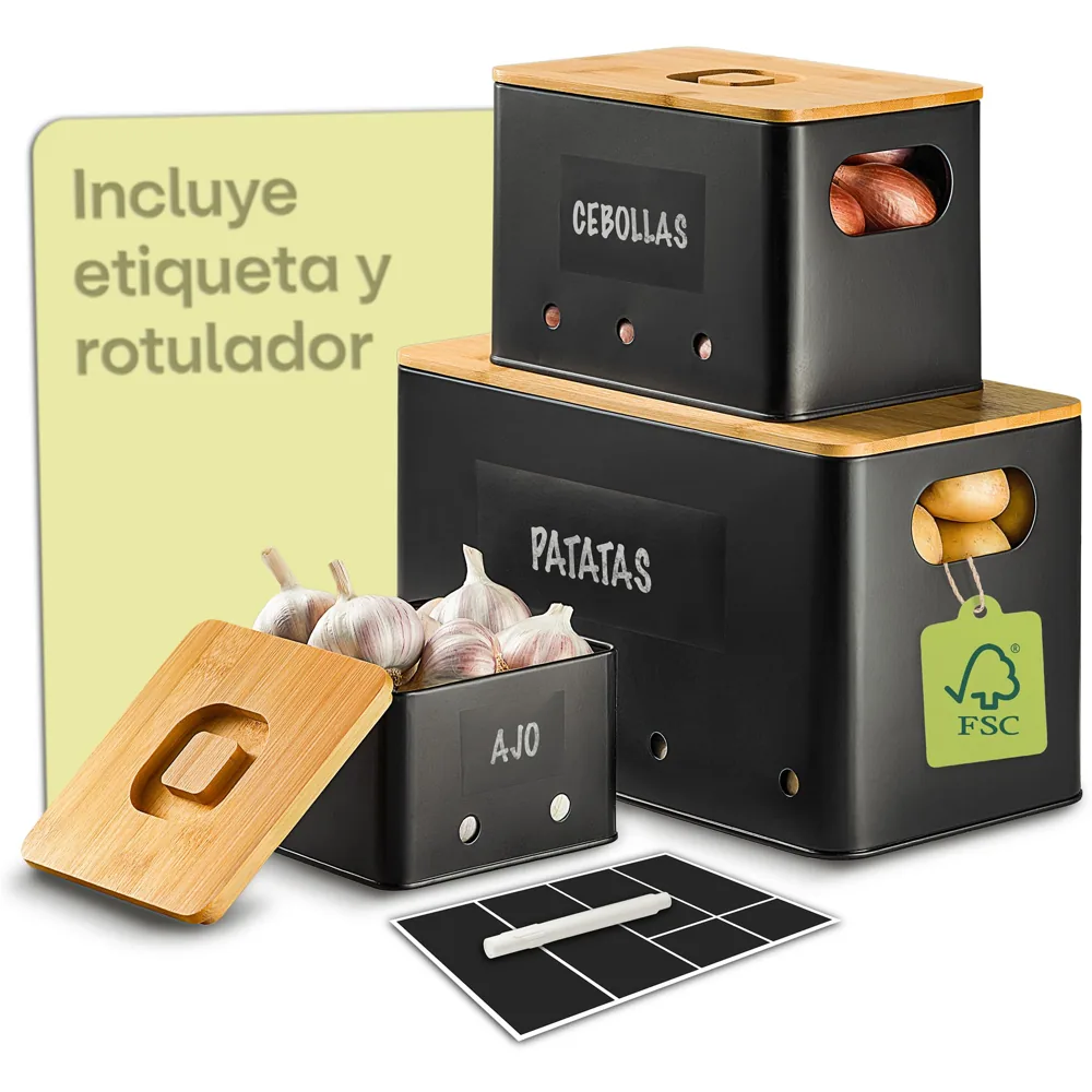 Praknu 3 cajas para patatas y cebollas con tapa de bambú