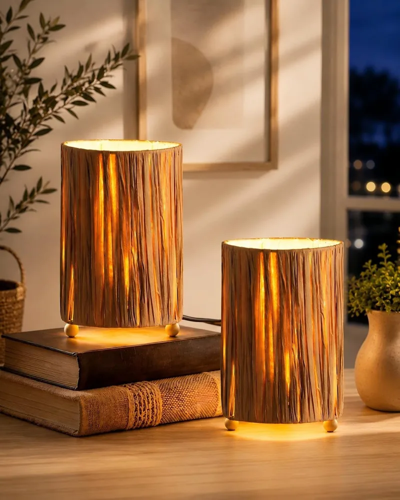 GOEBLESON lámparas de mesita de ratán con bombilla (2 uds.)