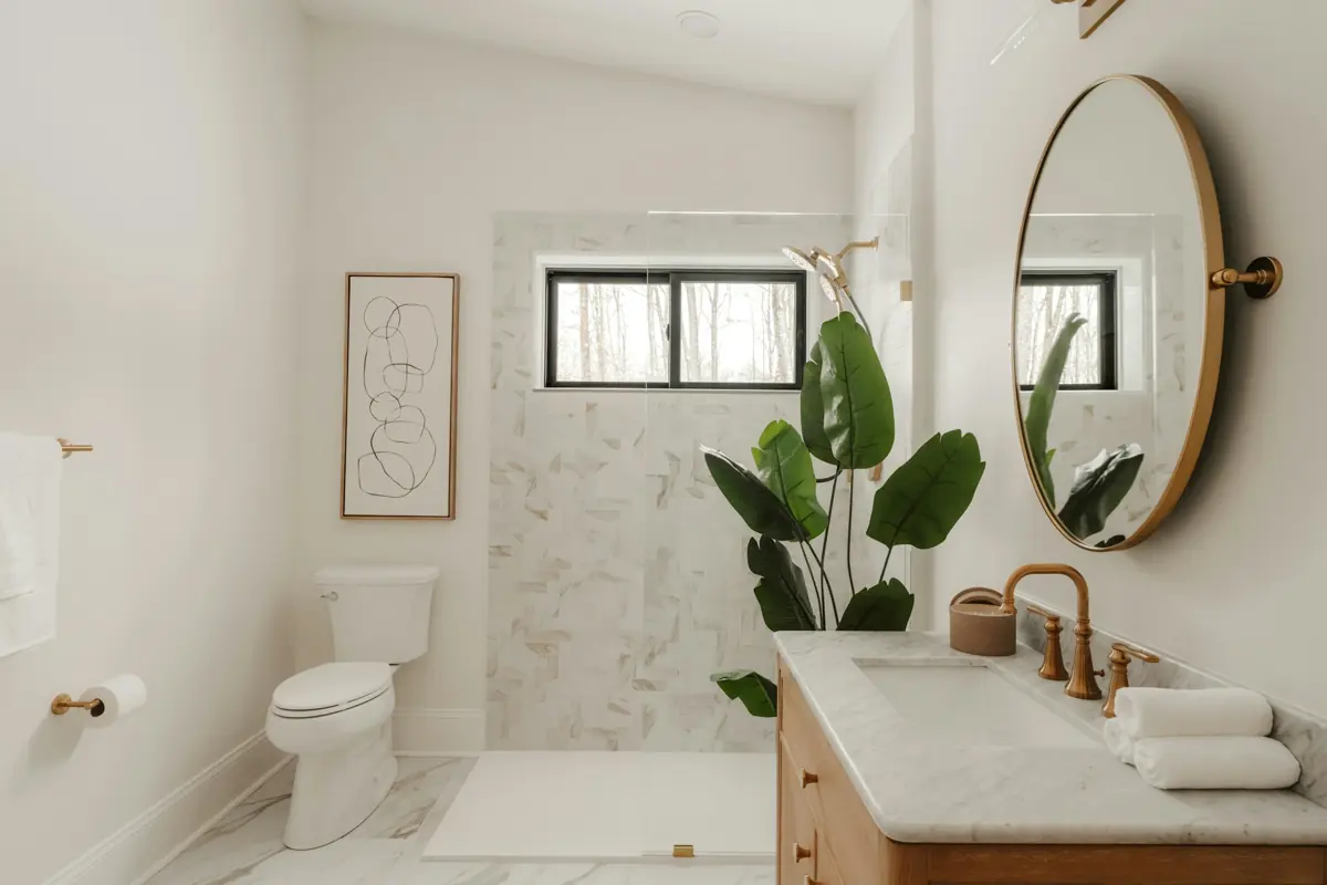 Baño luminoso con mármol, mueble de madera, espejo redondo y una planta grande